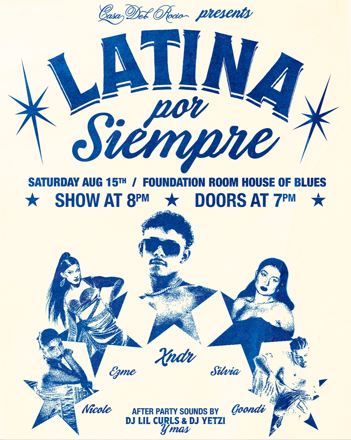 Latina por Siempre flyer — Aug 15, Foundation Room, House of Blues Chicago. Casa del Rocío presents.