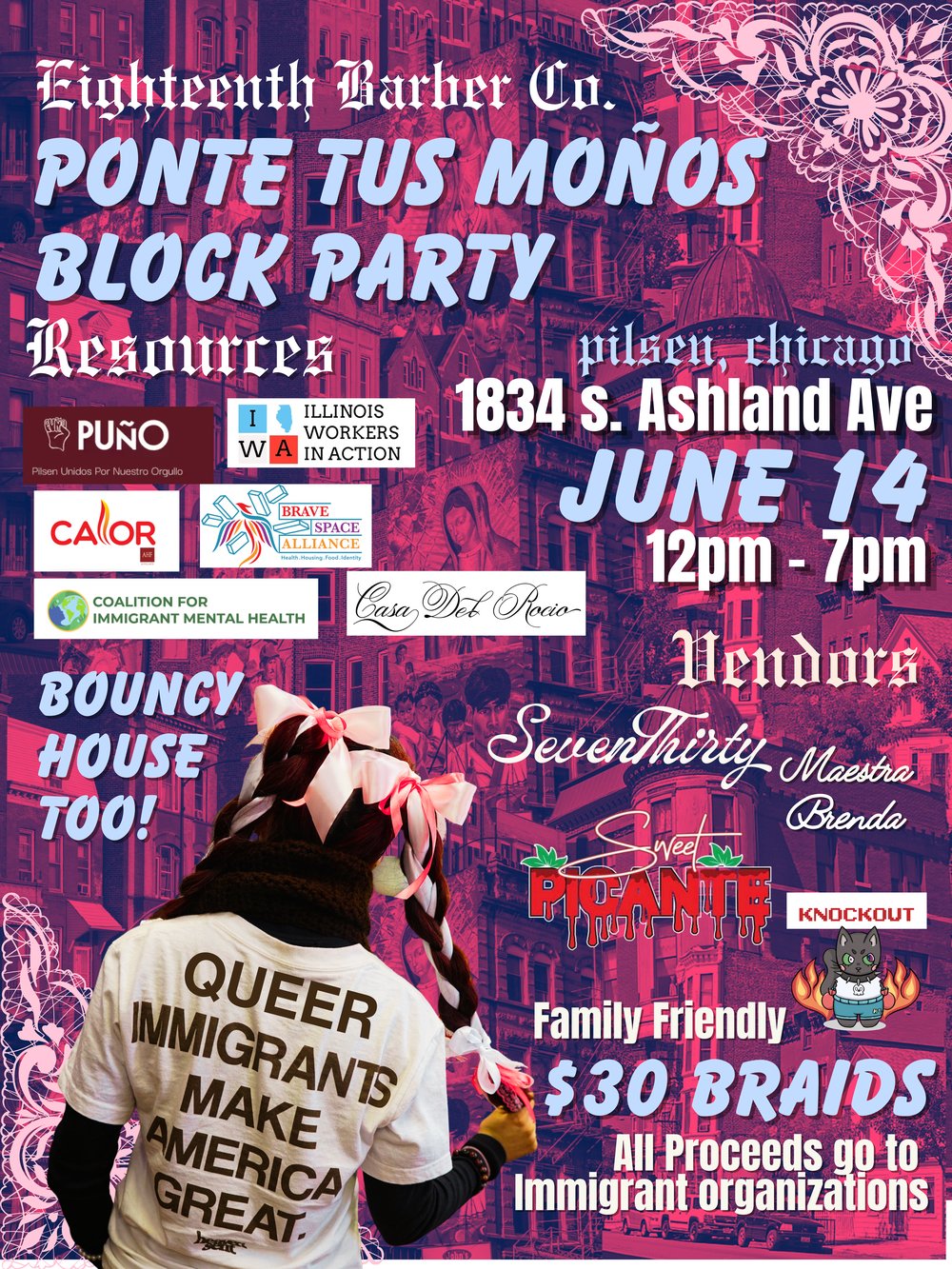 Ponte Tus Moños Block Party flyer — June 14, 1834 S. Ashland Ave, Pilsen Chicago